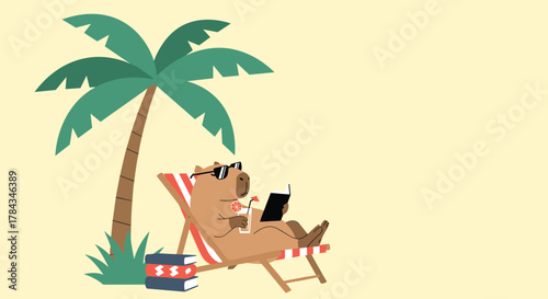 A relaxed capybara in sunglasses reads a book and sips a drink while lounging in a beach chair under a tropical palm tree.