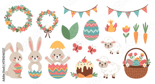 A charming collection of cute Easter illustrations featuring bunnies, lambs, eggs, flowers, and festive decorations for spring holidays.