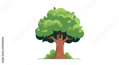A cheerful and vibrant cartoon tree with lush green leaves and a sturdy brown trunk stands rooted, symbolizing nature and growth.