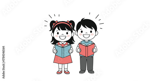 A happy little girl and boy stand side-by-side, engrossed in reading their books, representing a love for learning and knowledge.