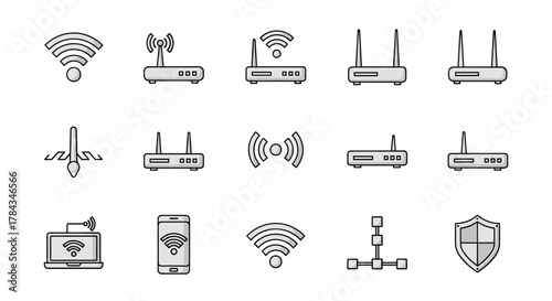 Modern outline style icons representing WiFi and routers, perfect for design projects, apps, social networks, and digital content. This vector cartoon illustration set includes various router