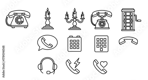 Vintage Phone Line Icon Bundle: A Collection of Outline Signs for Graphic and Web Design, Apps, Adverts, Various Cards, and Vector Cartoon Illustrations with a White Background. This set includes