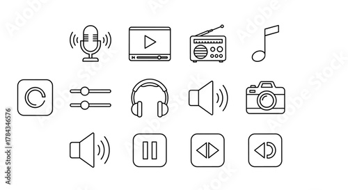 A diverse collection of line-style web icons representing audio and video elements, perfect for web and mobile applications, including icons for podcasts, video media players, radios, songs