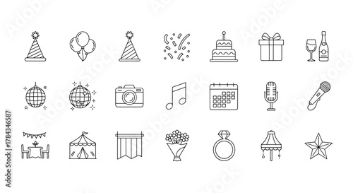 A meticulously curated collection of minimalist line icons representing various event and decor elements, ideal for party planning graphics, presented on a clean white background for versatile