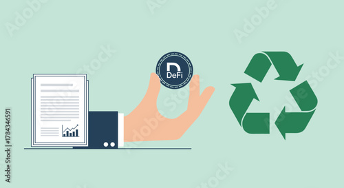 Conceptual illustration of decentralized finance (DeFi) and sustainability, featuring a hand holding a DeFi coin next to a stack of documents with a growth chart and a green recycling symbol