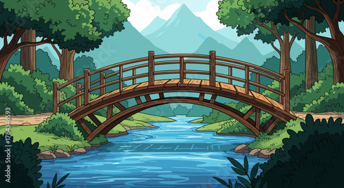 Enchanting wooden footbridge arching gracefully over a vibrant blue stream, nestled amidst lush green jungle trees and dense bushes, with majestic mountains forming a scenic backdrop, evoking a sense
