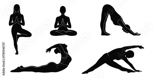 Silhouetted woman demonstrating various yoga poses for wellness and flexibility training