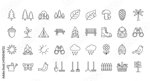 Vivid collection of thin line icons representing forest, trees, and parks, perfect for web sites, books, cards, and apps. This editable stroke vector cartoon illustration includes elements like
