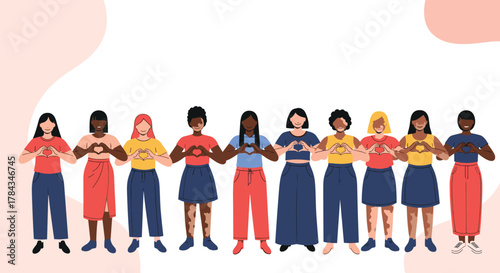 A diverse group of women stand in a line, each making a heart gesture with their hands over their chest, symbolizing love, unity, and support.