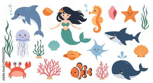 A delightful collection of cute cartoon ocean animals and underwater elements, featuring a mermaid, dolphin, shark, whale, and various marine life.
