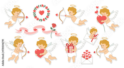 A delightful collection of cute cupid characters and various romantic elements for Valentine's Day and love-themed designs.