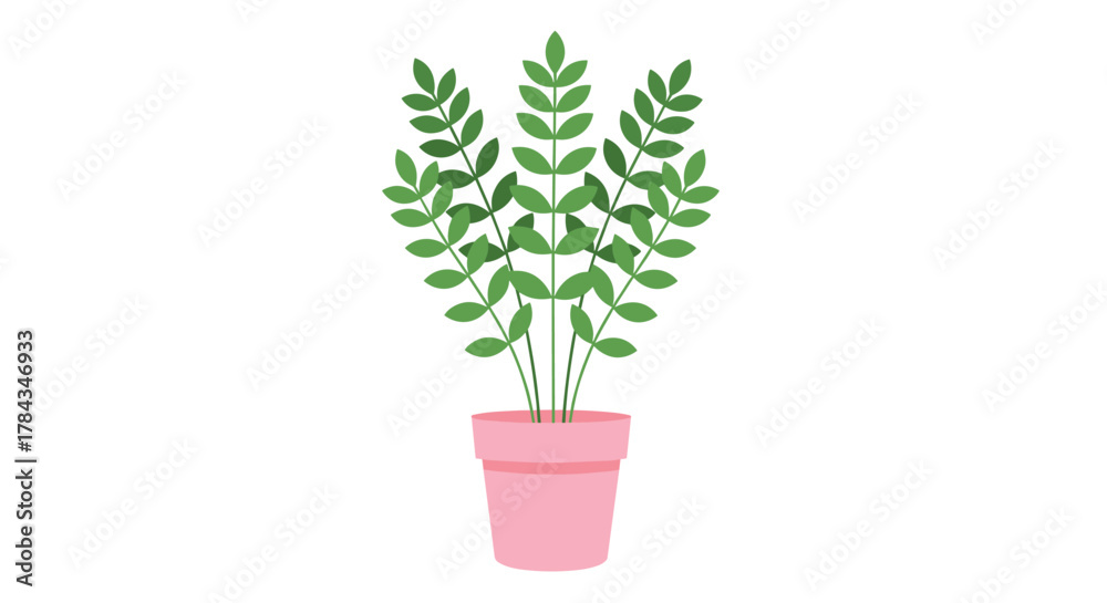Obraz premium A cheerful and simple graphic illustration of a green leafy potted houseplant in a pink pot, perfect for home decor and indoor greenery concepts.