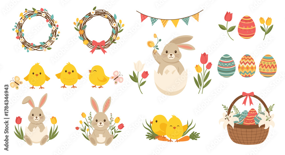 Fototapeta premium A delightful collection of Easter-themed illustrations, including cute bunnies, chicks, decorated eggs, spring flowers, and festive wreaths.