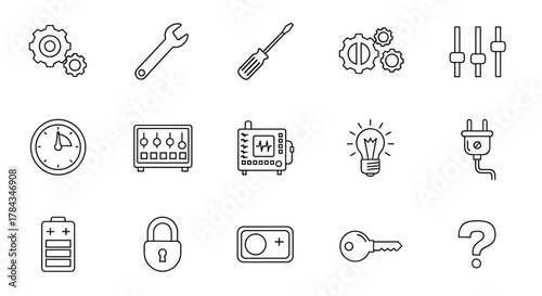 A versatile set of thin line icons representing mechanisms, settings, and tools, perfect for web, apps, and print design. Includes gears, wrench, screwdriver, sliders, clock, control panel