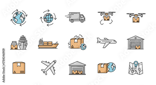 Global delivery icons set, featuring various transportation methods like trucks, ships, airplanes, and drones, alongside warehouses, packages, and world maps, all in a clean, minimalistic line art