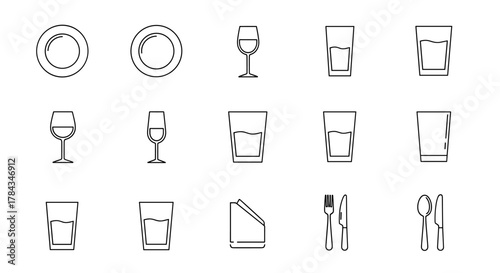 Set of thin line icons representing tableware and glassware, including plates, wine glasses, tumblers with water, a folded napkin, and cutlery like forks, knives, and spoons, all on a clean white