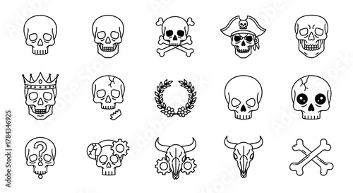 A diverse collection of 15 skull-related line icons, featuring a pirate skull, a king skull with a crown, a skull with a question mark, a skull with gears, bull skulls with gears, a laurel wreath