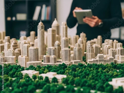 Architect examining city model with tablet showing urban planning and architectural design project