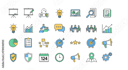 Vibrant collection of presentation and business-related vector icons, featuring editable strokes, perfect for infographics, articles, books, flyers, and banners. This cartoon illustration set