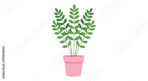 A cheerful and simple graphic illustration of a green leafy potted houseplant in a pink pot, perfect for home decor and indoor greenery concepts.
