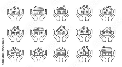 Collection of outline house icons held within open hands, symbolizing protection, security, and home ownership. This versatile vector graphic set is perfect for web design, app development