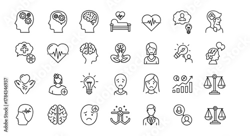 A comprehensive collection of thin line icons in black, representing various aspects of psychology and mental well-being, including brain functions, emotional states, therapy, and personal growth