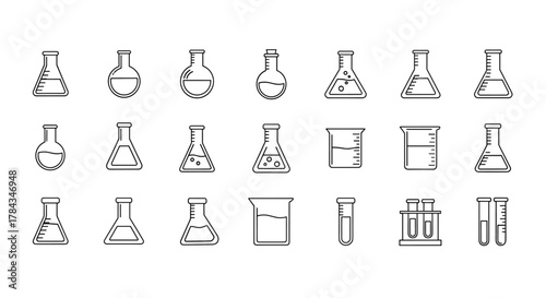 Collection of laboratory flasks and beakers in outline style, representing scientific experiments, chemical research, and educational purposes. This bundle includes various flask shapes like