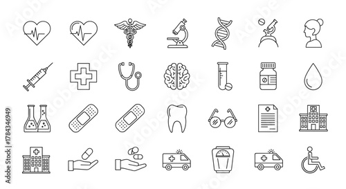 A comprehensive collection of clean, modern line icons representing health and medicine, including symbols like heartbeats, stethoscopes, DNA, brains, syringes, hospitals, ambulances, and more