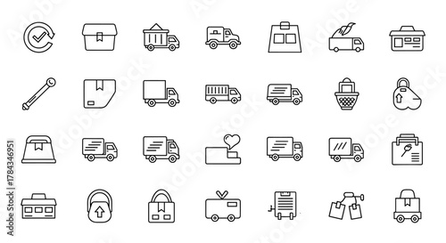 A comprehensive collection of 30 unique line icons representing delivery and transportation services, including various trucks, delivery vans, cargo boxes, shopping bags, and logistics symbols