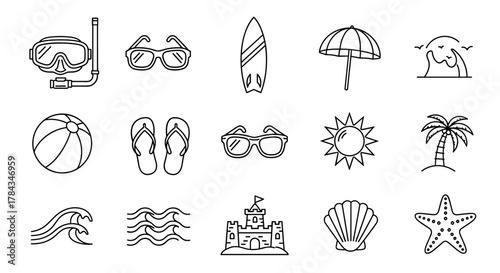 Collection of summer vacation and beach-related line icons, featuring a diving mask, surfboard, umbrella, sunglasses, beach ball, flip-flops, palm tree, sun, waves, sandcastle, seashell, and