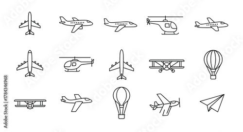 Collection of diverse aircraft icons in outline style, featuring airplanes, helicopters, biplanes, hot air balloons, and paper planes, ideal for graphic design, web development, app interfaces, and