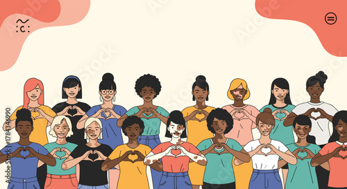 A diverse group of women, including those with vitiligo, stand together making heart gestures with their hands, symbolizing unity, love, and body positivity.
