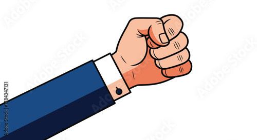 Businessman's arm in blue suit and white shirt, clenching a determined fist, symbolizing strength and power, isolated on white.
