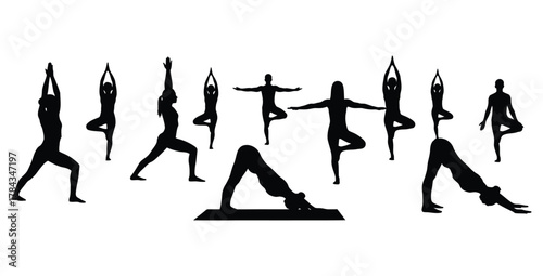 Silhouettes of people in various yoga poses on a white background for wellness concepts