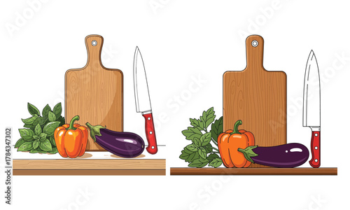 Cooking ingredients: fresh vegetables, herbs, cutting board, knife vector art