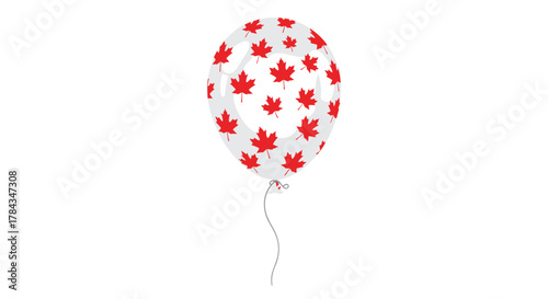 A clear celebratory balloon adorned with red maple leaf patterns and a string, perfect for Canada Day or Canadian themes, on a white background.