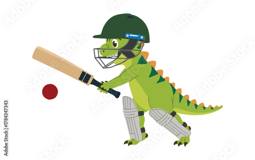 Cute Dinosaur Playing Cricket Illustration, Funny Dinosaur Cricketer Cartoon Art.