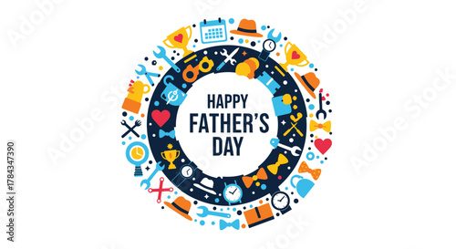 A festive circular illustration for Father's Day, with a central greeting surrounded by father-themed icons like tools, hats, and bowties.