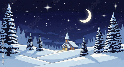Winter night scene with snow covered church under a crescent moon and stars