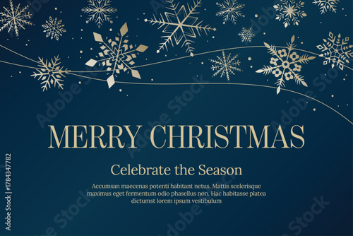 Merry Christmas Banner with Elegant Gold Snowflake Vector Illustration on Dark Blue Background