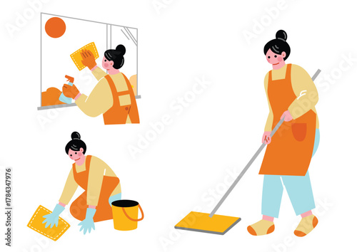 掃除する女性のイラストセット