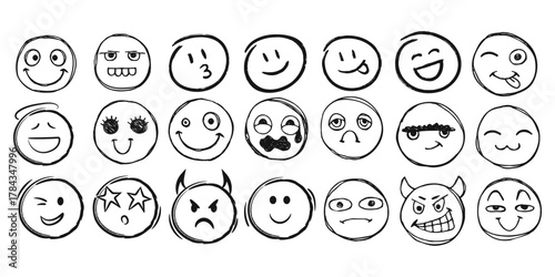 Set of happy face hand drawn style. Sketch smiley, sad, angry face doodle icon. Emoji emoticon for social media. Cartoon people faces on isolated background.
