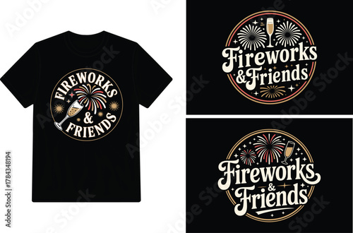 Fireworks and friends themed graphic t shirt design mockups displayed clearly