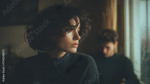 Young woman looking out a rainy window while a man stands behind her symbolizing emotional distance