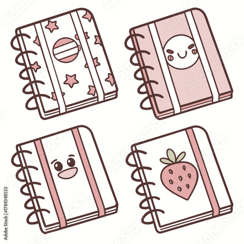 Four cute pastel cartoon notebooks with spiral binding