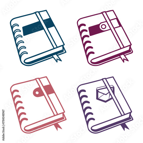 Four gradient diary icons with subtle shading notebook