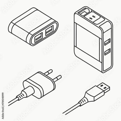 Four isometric line art phone charger icons power adapter