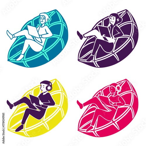 Four people relaxing with devices in colorful beanbag chairs