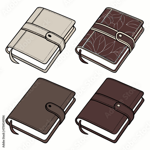 Four realistic leather bound diary icons journal notebook