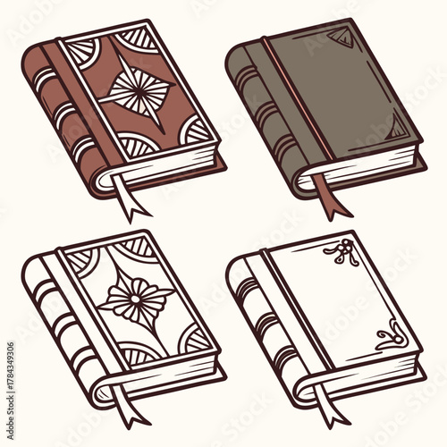 Four vintage style books with textured covers and bookmarks